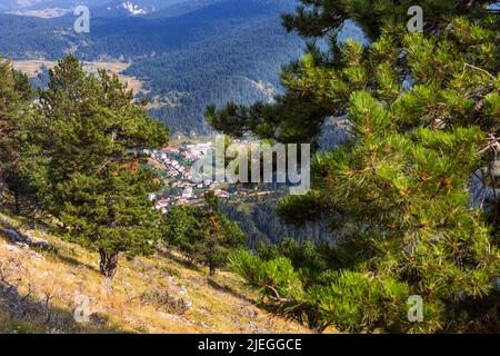 Aerale Ansicht des kleinen bulgarischen Dorfes in Rhodope. Berge und Wälder Landschaft im Hintergrund Stockfoto