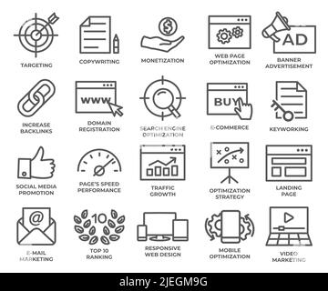 SEO-Liniensymbole auf weißem Hintergrund gesetzt Stock Vektor