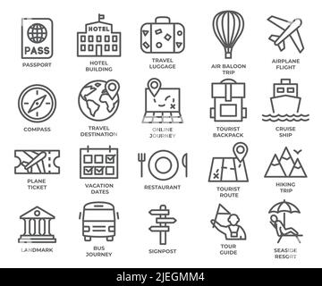 Symbole für Tourismus- und Reisezeilen auf weißem Hintergrund Stock Vektor