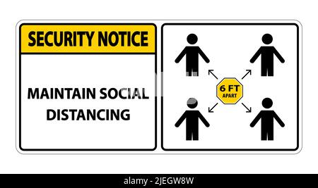 Sicherheitshinweis Bewahren Sie soziale Distanzierung, bleiben Sie 6ft auseinander Zeichen, Coronavirus COVID-19 Zeichen isolieren auf weißem Hintergrund, Vektor-Illustration EPS.10 Stock Vektor