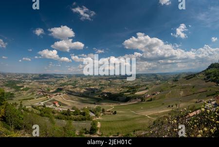 Landschaft auf den Hügeln mit Weinbergen der Langhe, Piemont, Italien aus dem Blickwinkel von La Morra in der Nähe von Barolo, Italien Stockfoto