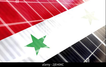 Sonnenkollektoren auf dem Hintergrund des Bildes der Flagge Syriens Stockfoto