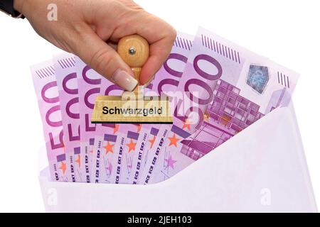 Schwarzgeld, Steuerfrei, Finanzamt, viele 500 Euro Banknoten der Europäischen Union im Briefumschlag Stockfoto