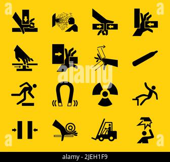 Warnschilder, Symbole für industrielle Gefahren, isoliert auf weißem Hintergrund, Vektorgrafik Stock Vektor