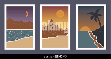 Kunstset für das Bergmeer und die Wüstenwand. Nahost-Landschaften, moderne flache Tapete. Abstrakte Natur Hintergründe Sammlung mit Himmel, Sand, Palmen, Mond Stock Vektor