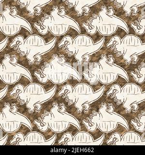 Braunes, handgezeichnetes Spinosaurus-Dinosaurier-Nahtloses Muster. Gender Neutral Jurassic fossile Silhouette für Baby-Nursery. Home Dekor für Museum, Aussterben Stockfoto