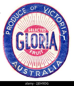 Frischobst-Papierverpackung, ab Mitte 1950s in England, mit Anbaumarke. Gloria Fruit, Victoria, Australien. Rot, Weiß, Blau, Verpackung. Stockfoto