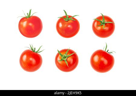 Tomate rotes Gemüse-Set isoliert auf weiß. Solanum lycopersicum reife Früchte in verschiedenen Positionen. Stockfoto