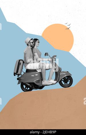 Collage 3D Bild von Pinup Pop retro Skizze Bild von paar Reiten Moped Rock Wanderung isoliert Zeichnung Hintergrund Stockfoto