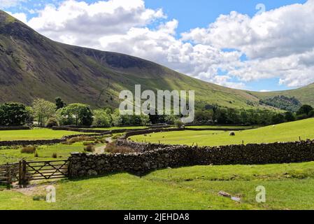 Der erhöhte Blick auf Wasdale Head an einem sonnigen Sommertag, Lake District Cumbria England Stockfoto