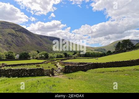 Der erhöhte Blick auf Wasdale Head an einem sonnigen Sommertag, Lake District Cumbria England Stockfoto