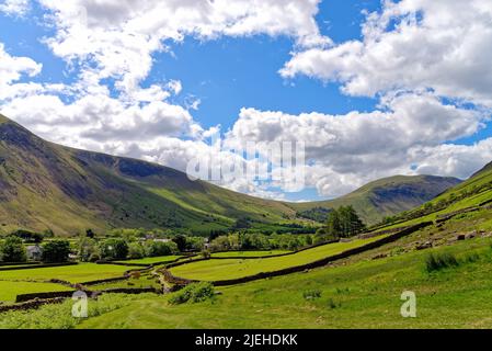 Der erhöhte Blick auf Wasdale Head an einem sonnigen Sommertag, Lake District Cumbria England Stockfoto