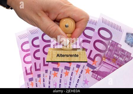 Altersrente, Rente, Pension, Tente mit 63, Rente mit 65, Rente mit 67, Rente mit 70, Wunschtraum, viele 500 Euro Banknoten der Europäischen Union im Stockfoto