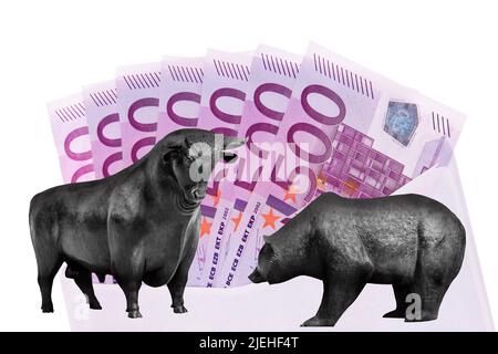 Viele 500er Euro-Banknote im Briefumschlag, Bulle und Bär, Börsengewinne, Stockfoto