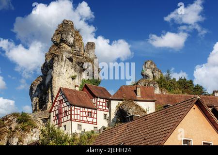 Felsendorf Tüchersfeld, Pottenstein-Tüchersfeld, Stockfoto