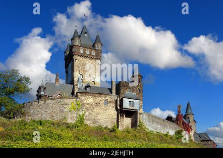 Die Reichsburg in Cochem, Mosel, Rheinland-Pfalz, Deutschland, Burg, Burganlage, Wahrzeichen, Gipfelburg, Höhenburg, Cochem/Mosel, Reichsburg Cochem, Stockfoto