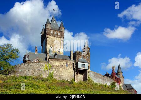 Die Reichsburg in Cochem, Mosel, Rheinland-Pfalz, Deutschland, Burg, Burganlage, Wahrzeichen, Gipfelburg, Höhenburg, Cochem/Mosel, Reichsburg Cochem, Stockfoto