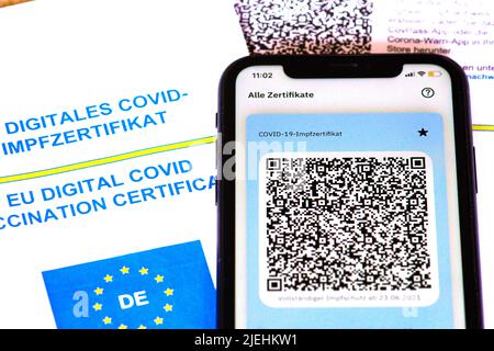 EU Covid-19 Impfnachweis, Reisepass, Impfausweis, App, Scan, Scanner, QR-Code, Handy, Smartphone, Stockfoto