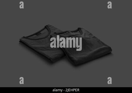 Blank schwarz gefaltet Quadrat T-Shirt Mockup Paar, dunkler Hintergrund Stockfoto