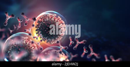 Virus unter dem Mikroskop. Antikörper und Virusinfektion. Immunabwehr des Körpers. Angriff auf Antigene 3D Illustration Stockfoto
