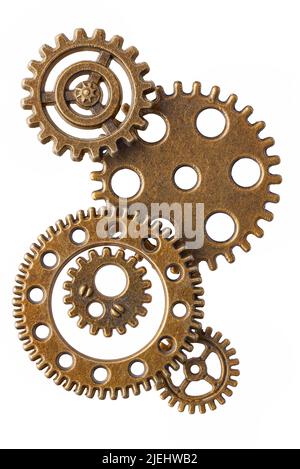 Gruppe von drei Zahnrädern aus Bronze, isoliert auf weißem Hintergrund Stockfoto