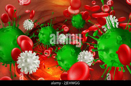 Leukozyten greifen das Virus im Blut an. Mikroben unter dem Mikroskop. Krankheit, Infektion, Entzündung. 3D Abbildung Stockfoto