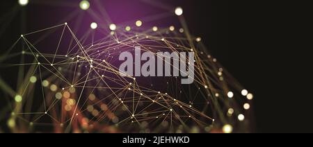 Abbildung des globalen Netzwerks 3D. Visualisierung neuronaler Verbindungen in der künstlichen Intelligenz. Abstrakter, High-Tech-Hintergrund in voller Farbe Stockfoto