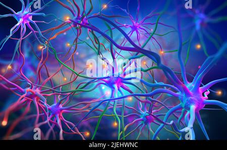 Neuronale Netzwerke des menschlichen Gehirns. 3D Illustration von abstrakten Nervenzentren. Elektrische Impulse im Gehirn. Helle Vollfarben Stockfoto