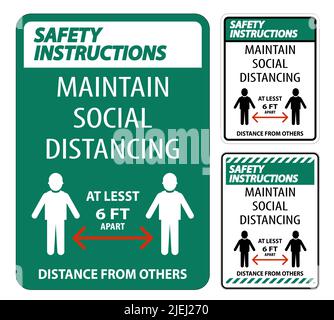 Sicherheitshinweise Bewahren Sie die soziale Distanzierung mindestens 6 Ft Zeichen auf weißem Hintergrund, Vektorgrafik EPS.10 Stock Vektor