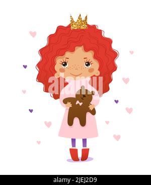 Eine niedliche kleine Prinzessin hält einen geliebten Teddybären in den Armen. Lustige Rotschopf Baby. Cartoon-Vektorgrafik Stock Vektor