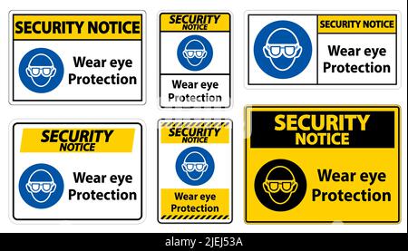 Sicherheitshinweis Tragen Sie einen Augenschutz auf weißem Hintergrund Stock Vektor