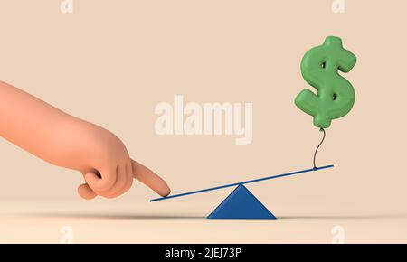 Hand, die versucht, eine Wippe mit einem überhöhten Dollarscheines auszugleichen. 3D Rendering Stockfoto