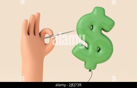 Hand, die eine Nadel hält, um einen Dollar-Symbol-Ballon zu platzen. 3D Rendering Stockfoto