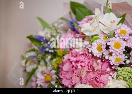 Riesiges Bouquet mit rosa Hortensia- violetten Hudrongea-Blüten auf weißem Hintergrund. Romantische Stimmung Stockfoto