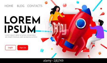 Menschen fliegen um große Rakete. Startup und Start Business-Konzept. Webseite, Banner, Präsentation. Startprozess für Geschäftsprojekt. Vektorgrafik Stock Vektor