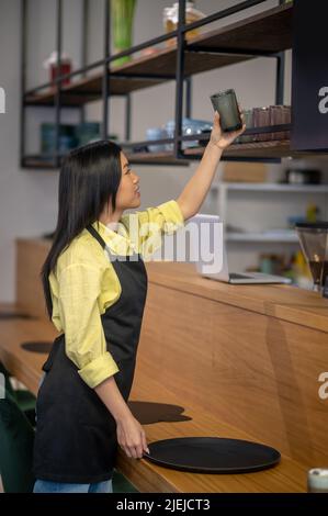 Frau seitlich zur Kamera, die Glas auf das obere Regal legt Stockfoto