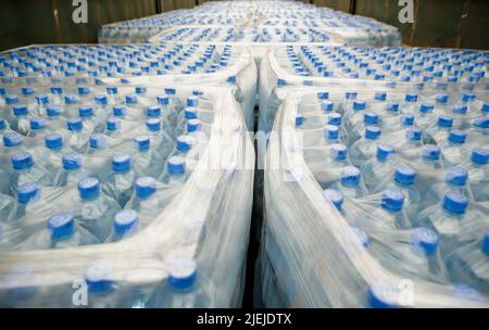 REGION ZAKARPATTIA, UKRAINE - 24. JUNI 2022 - Wasser in Flaschen, das vom Zakarpattya-Fonds Memory and Roots zur Verfügung gestellt wird, soll in abfallender Form an die Städte geschickt werden Stockfoto