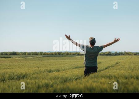 Zufriedener erfolgreicher Landwirt, der am sonnigen Frühlingstag in siegreicher Pose im unreifen Gerstenanbaugebiet die Hände hebt. Rückansicht eines grün getragens Farmarbeiters Stockfoto