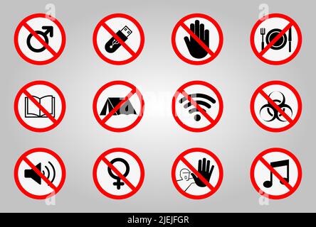 Verbotsschilder und verschiedene Warnzeichen Symbol Symbol Zeichen isolieren auf weißem Hintergrund, Vektor-Illustration Stock Vektor
