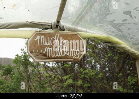 Holzschild Mucho Mulching mit weißem Text auf einem Permakultur-Land mit Gewächshausstruktur und Bäumen Stockfoto