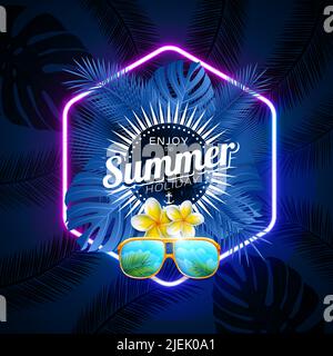 Sommerurlaub-Design mit Sonnenbrille und tropischer Blume auf dunkelgrünem Hintergrund. Vektorvorlage mit Typografie-Schriftzug und Palmblatt für Banner Stock Vektor