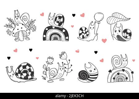 Sammlung von niedlichen Schnecken mit dekorativen Blumen, auf Fliege Agaric Pilz und auf Regenbogen, mit Ballon und Cochlea Seemann. Lineare Handzeichnung. Vektor Stock Vektor