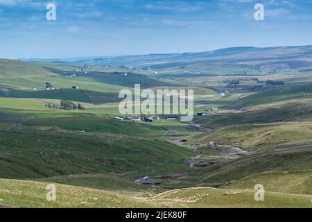 Blick auf das Upper Tees Valley von oben über Harwood in Teesdale an einem frühen Sommertag. Co. Durham, Großbritannien. Stockfoto