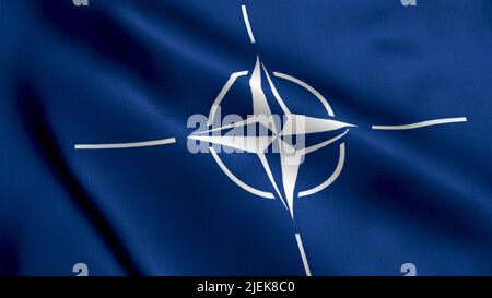 Animation der NATO-Flagge. Flagge Der Militärallianz. Realistische Stoff Textur Satin Flagge North Atlantic Treaty Organisation Flagge Winken Stockfoto