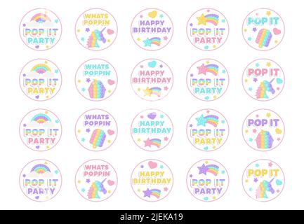 Set von 20 Geburtstags-Favour-Tags popi IT Fidget Spielzeug Vektor-Design mit Illustrationen und Text. Happy Birthday Geschenk bedruckbaren Kreis Karten oder Etiketten in pa Stock Vektor