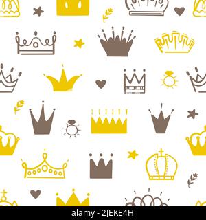 Prinzessin Krone nahtloses Muster. Kronen-Print, Baby Queen Party Hintergrund. Niedlicher Doodle-Stoffdruck für Kinderzimmer, neoterische Vektorstruktur mit Royalty-Elementen Stock Vektor