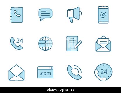 Kontaktieren Sie uns Lineare Vektorsymbole in zwei Farben isoliert auf weißem Hintergrund. Stock Vektor