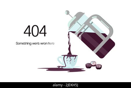 404 Fehler nicht gefunden Webseite mit Kaffeekocher und verschüttet über eine Tasse Kaffee. Layout 404 isoliert für Website. Flache Grafik Als Vektorgrafik Stock Vektor