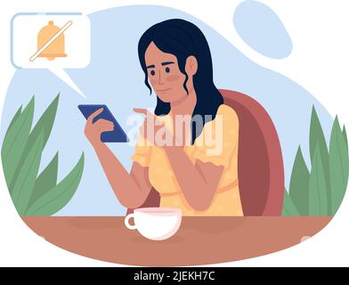 Frau, die Benachrichtigungen auf dem Telefon abschaltet 2D Vektor isolierte Illustration Stock Vektor