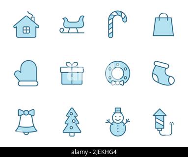 lineare Vektor-Symbole für weihnachten, die in zwei Farben auf weißem Hintergrund isoliert sind. Stock Vektor